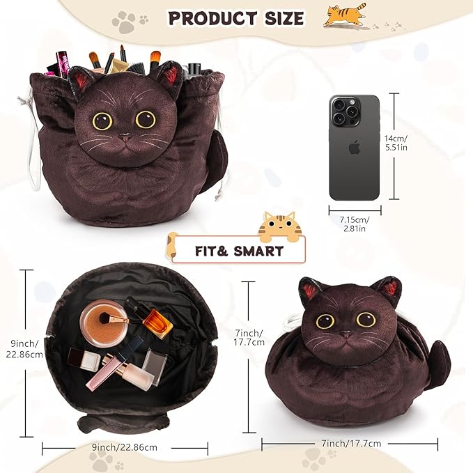 2-Pack Cat Makeup Bag, Black and Orange, Large-Capacity Travel Makeup Organizer, Cat Gift for Women