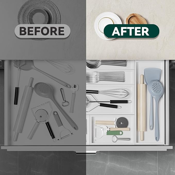 Lixple Bamboo Drawer Organizer, Small Silverware Organizer for Kitchen Drawer, Stackable Utensil Organizer, 2 Pcs Flatware Organizer Wooden Storage Box Tray (White, 6 X 3 X 2 Inch)