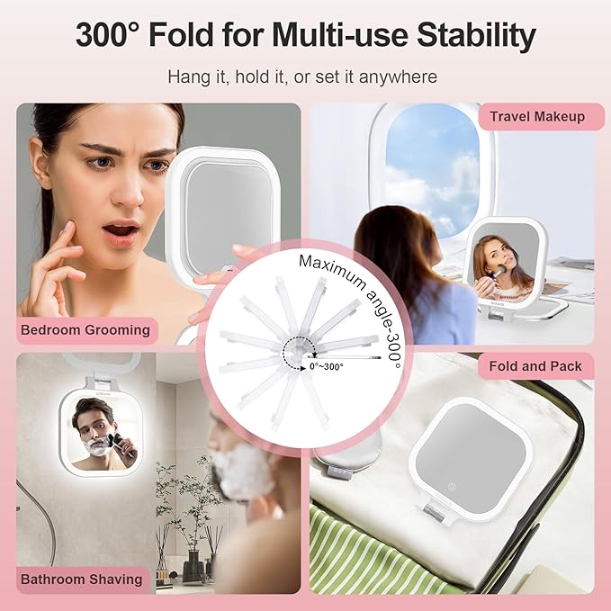 ION Magnified Mirror with Lights,1X/10X Magnifying Glass,2500mAh Battery Double Sided Vanity Mirror,7in Makeup Mirror with 3 Color Light,Brightness Adjustment Memory,Folding Stand (White)