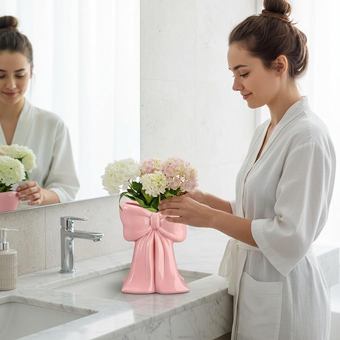 Bow Vase Coquette Ceramic Vase Pen Holder Makeup Brush Holder Contemporary Design Decorative Women Gift for Christmas Home Office Shelf Table Room(Soft Pink,Medium,Elegant)