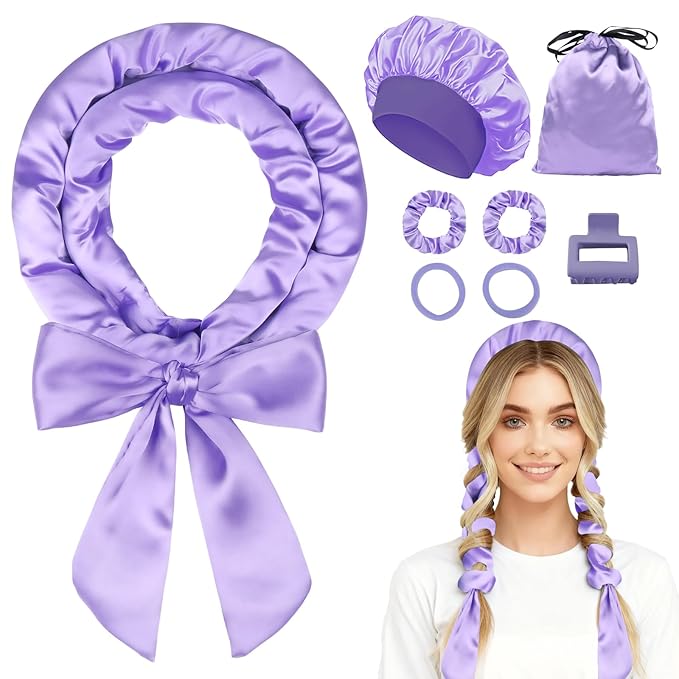 70" Heatless Curls Overnight Hair Curlers to Sleep In for Long Hair, Overnight Curls Heatless Hair Curler No Heat Curlers, Soft Satin Heatless Curling Set with Bonnet for Women - 8 PCS, Purple