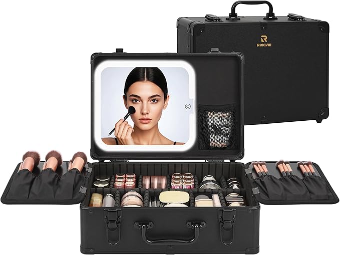 Relavel Makeup Case, Makeup Bag with LED Mirror Makeup Organizer Large Cosmetic Bags Travel Train Case for Women, Portable Vanity Makeup Box with Rechargeable Light up Mirror and Adjustable Dividers