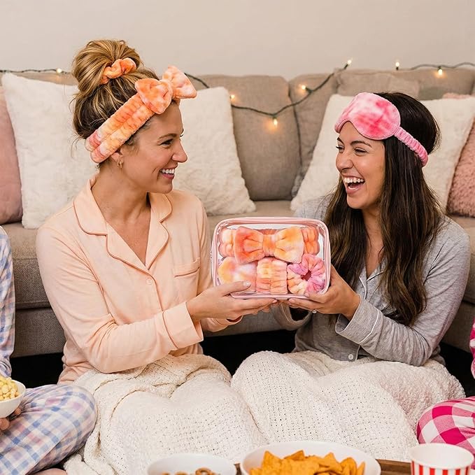 Hoteam 10 Pcs Galentine Spa Party Supplies Valentine Gift Set Sleepover Party Favor Spa Headband Wristband Sleep Eye Mask Velvet Scrunchies for Skin Care Makeup Slumber Night Favor(Tie Dye Orange)