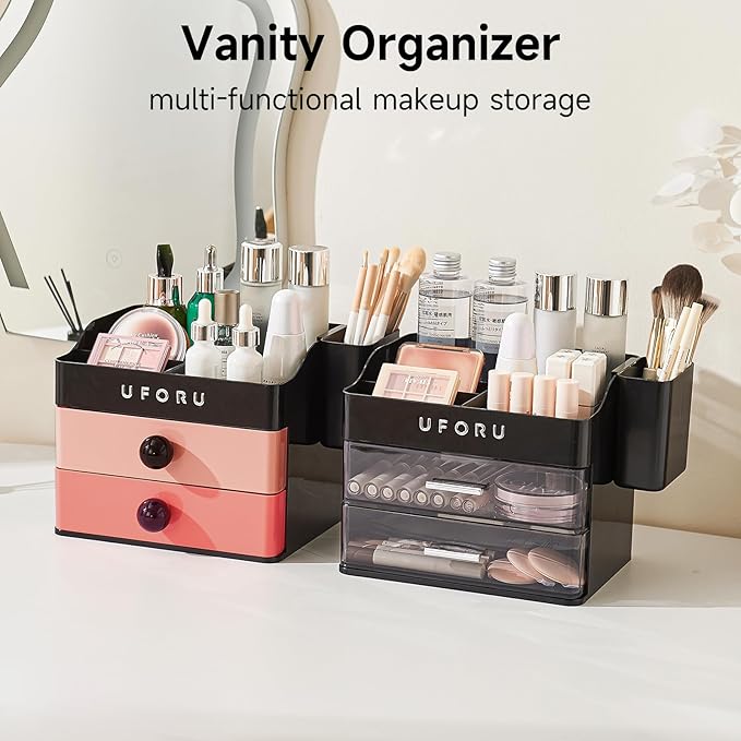 Makeup Organizer for Vanity with Brush Holder, Countertop Skincare Organizer with 2 Drawers, Spacious Cosmetic Display Case for Perfumes, Cologne, Shaving Lotion