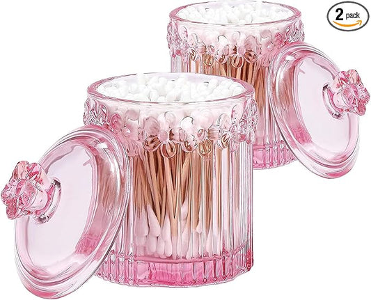 PENCK 2pcs Elegant Glass Qtip Holder Cute Apothecary Jars with Lid Stylish Hair Ties Candy Jar Bathroom Canister Essentials Accessories Decor Makeup Storage Organizer for Cotton Swabs, Balls (Pink)