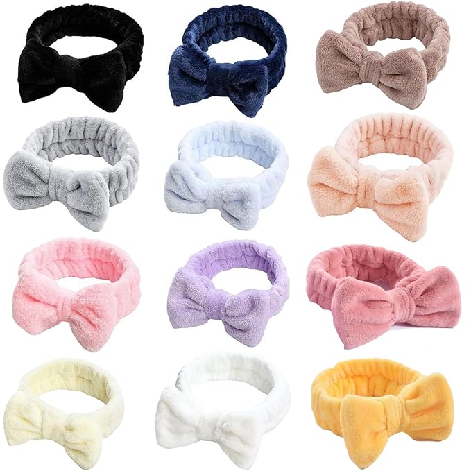 12pcs Spa Headband Soft Bowknot Spa Hair Band Coral Fleece Headband Makeup Headbands for Face Washing Skin Care Shower Yoga Headwraps for Women Girls (Pattern F)