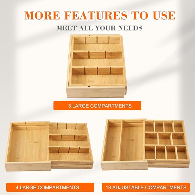 1 Pcs Bamboo Desk Drawer Organizer Wood 2 Inch Height Expandable Drawer Organizer Trays with 13 Adjustable Compartments Desk Accessories for Makeup Silverware Office Bathroom(Wood, Natural)
