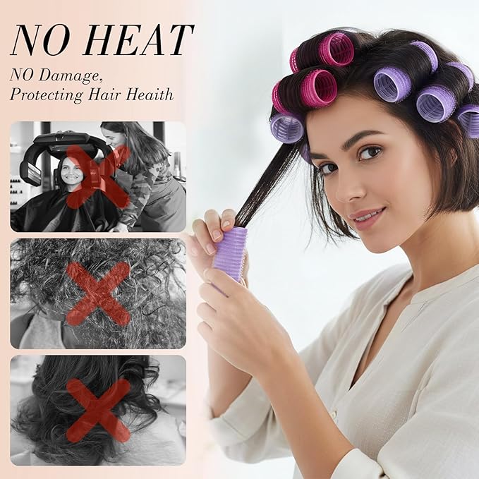 24 Pcs Self-Grip Small Hair Rollers Set, Curlers for Women Short Hair and Bangs, No Heat Hair Curlers to sleep in (25 mm, Rose Red and Purple)