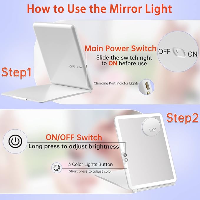 FUNTOUCH Rechargeable Large Travel Makeup Mirror with Lights, 1800mAh 10x7.5 Portable Lighted Makeup Mirror with 3 Color Lights, Dimming Folding Light Up Travel Mirrors with 10X Magnifying Mirror