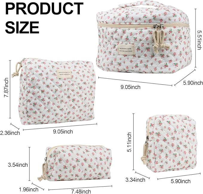 VIWIME Makeup Cosmetic Bag, Large Cotton Quilted Travel Coquette Aesthetic Cute Floral Make up Bag for Women Toiletry Bag Organizer (202- Red Rose / 4Pcs)