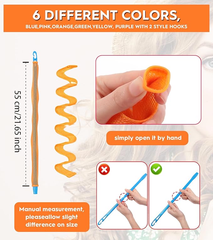 30 Pcs Heatless Hair Curlers Wave Curls Styling Kit with 2 Pcs Styling Hooks, No Heat Hair Curlers Heatless Wave Curlers for Women Girls Long Medium Short Hair (6 Colors, 55 cm/21.65 inch)