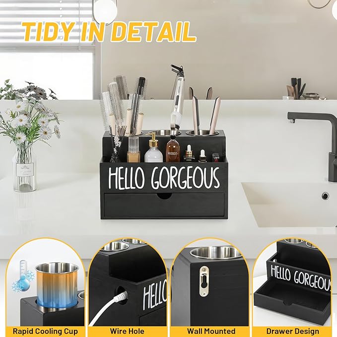 Hair Tool Organizer Drawer, Heat-Resistant Hot Tools Organizer with Removable Stainless Steel Cups for Hair Dryer , Curling Iron , Straightener, Bathroom Hair Accessories Storage (Black)