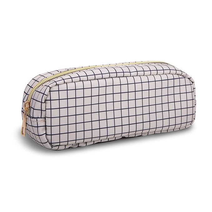 Small Pencil Case Makeup Bag for Purse, Cute Pencil Pouch Nylon Preppy Checkered Makeup Brush Bag with Zipper, Girls Portable Stationery Storage Case Small Pen Bag for Office School(Slim-Checkered)