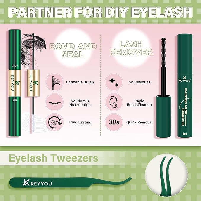 KEYYOU Fairy Wink Lash Clusters Kit Lash Extension Kit D Curl 144Pcs Eyelash Extension Wispy Natural Invisible Band with Waterproof DIY at Home(Fairy Wink-D-8-18MIX)
