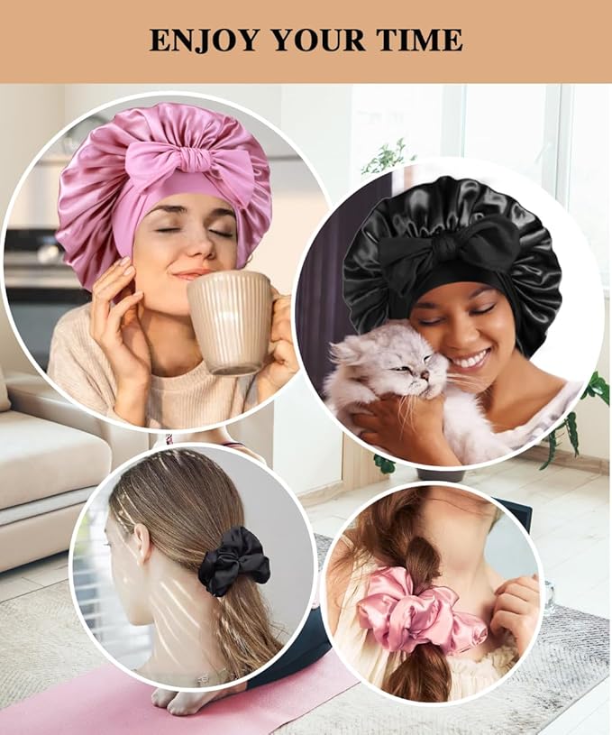 2+3 Large Satin Bonnets with Scrunchies for Women, Hair Bonnet Sleeping Tie Bonnet for Braids Curly Hair