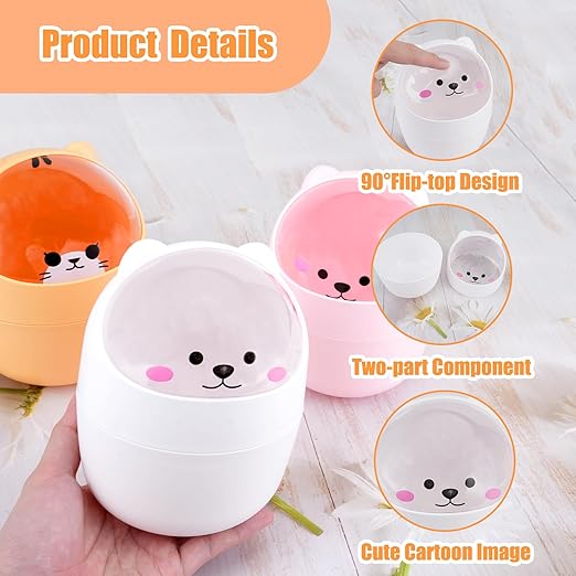 Cute Desktop Tiny Trash Can with Flip Lid, Creative Kawaii Bear Mini Wastebasket, Portable Countertop Dustbin for Office Kitchen Vanity Tabletop Bedroom (White)