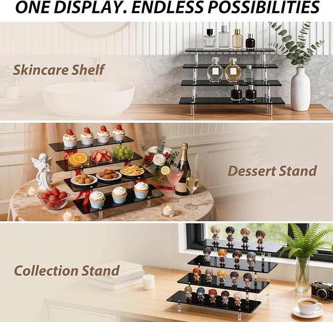 Acrylic Display Stands Risers, Perfume Cologne Organizer, Black 4 Tier Cupcake Stand Riser Shelf Compatible with Funko Pop Figures Food Dessert Makeup Skincare Cosmetics Lotion Organizer (2 PACKS)