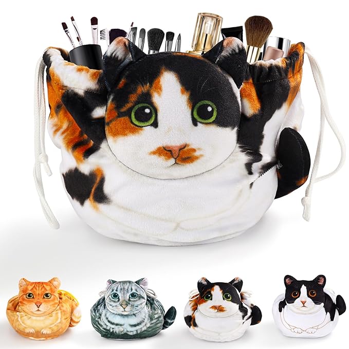 Openhaha Drawstring Travel Organizer, Cosmetic Pouch - Cat Gift, Lay Flat Makeup Bag Gifts for Cat Lovers