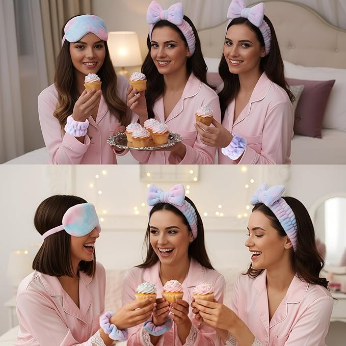 Hoteam 10 Pcs Galentine Spa Party Supplies Valentine Gift Set Sleepover Party Favor Spa Headband Wristband Sleep Eye Mask Velvet Scrunchies for Skin Care Makeup Slumber Night Favor(Tie Dye)