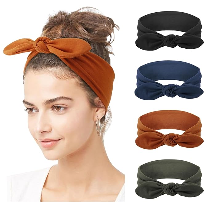 DRESHOW 4 Pack Adjustable Knotted Headbands Non Slip Elastic Yoga Hair Bands Solid Colors Headbands for Women and Girls