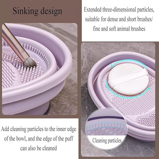 Makeup Brush Cleaner Mat,3 in 1 Upgraded Foldable Silicone Makeup Brush Cleaner Cosmetic Brush Cleaner Makeup Brush Scrubber Bowl for Cleaning, Organizer And Upside Down Drying(Foldable Khaki)