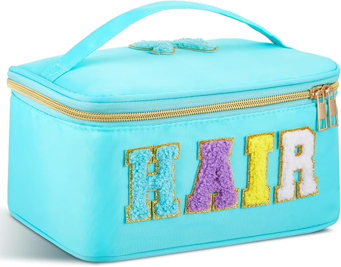 Geetery Clear Makeup Bag Chenille Letter Hair Bag Travel Cases Preppy Patch with Zipper, Portable Cosmetic Hair Accessories Organizer Toiletry Storage Case for Women