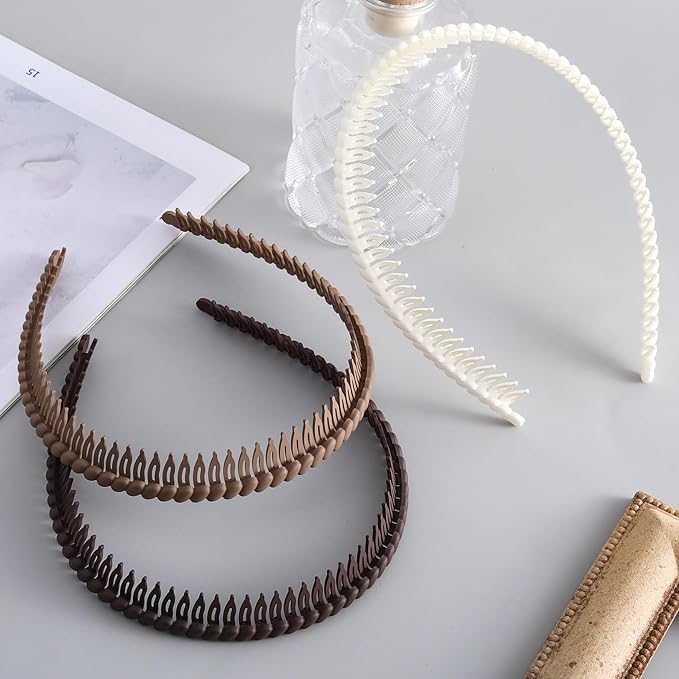 3 Pcs Headband with Teeth, Comfortable Headbands for Women with Teeth, Fashion Comb Headband, Plastic Head Bands for Women's Hair Non Slip (4.3''×0.7'', Black, Coffee, Khaki)