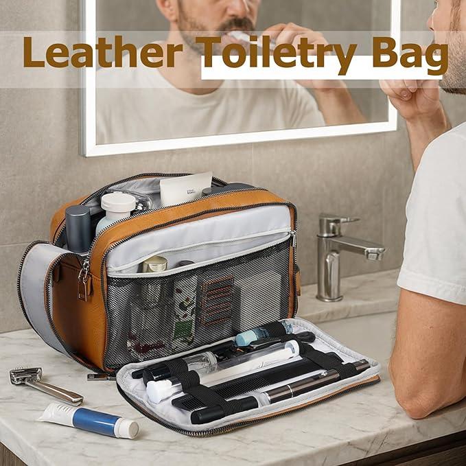 MIRASON Travel Toiletry Bag for Men Leather Travel Bag for Toiletries, Dopp Kit Water-resistant Shower Bag for Shaving Bathroom Organizer Gifts for Men, Brown