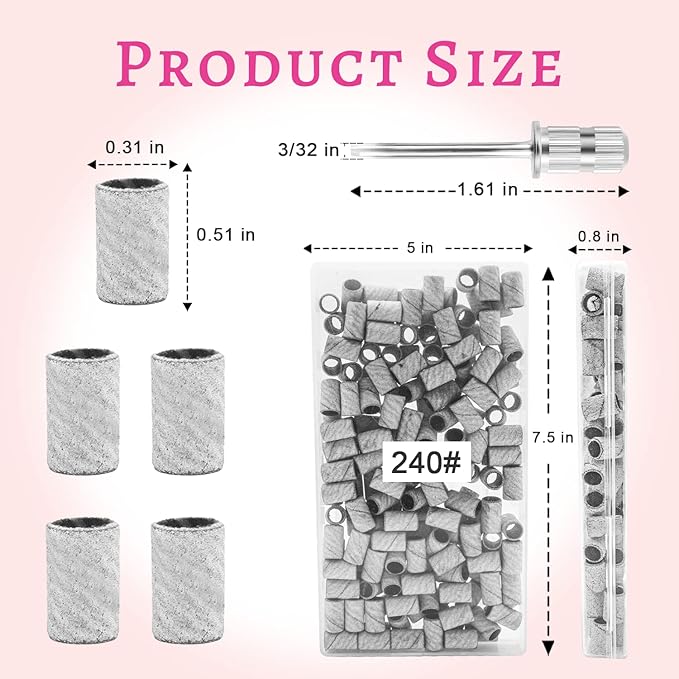 100Pcs Nail Sanding Bands for Nail Drill 240Grit, Fine Grit Nail Sanding Bands for Nail Drill with 3/32” Nail Sanding Bit for Natural Nail, Nail Drill Sanding Bands Set for Manicure & Pedicure