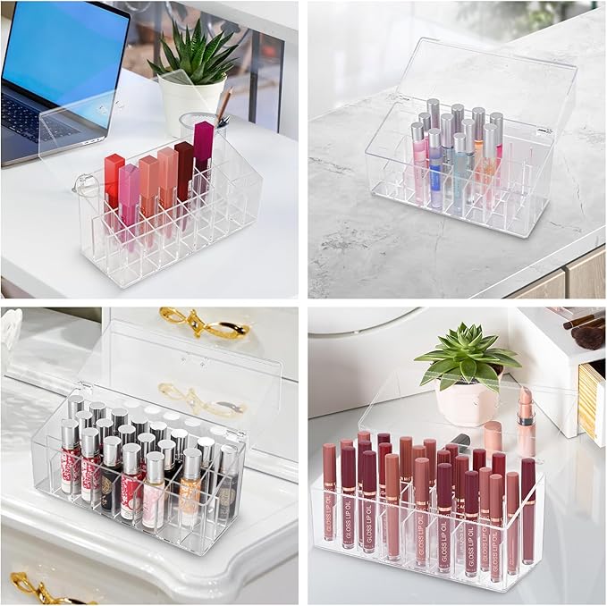 Wiojtry Acrylic Lipgloss Lip Gloss Holder & Rollerball Perfume Organizer for Compact Essential Oil Rollerball Perfume Holder, Makeup Brush, 18 Slots Tubular Storage Display Cabinet With Cover