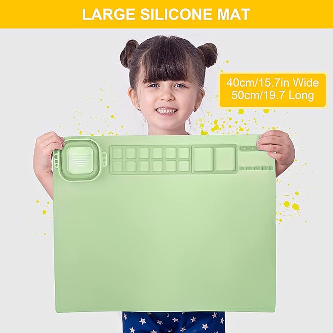 Silicone Painting Mat, Silicone Art Mat with Cup, Silicone Craft Mat with Paint Brush Cleaner Tool, Silicone Artist Mat for Kids Gift Painting Clay DIY Creations, Gift Packaged