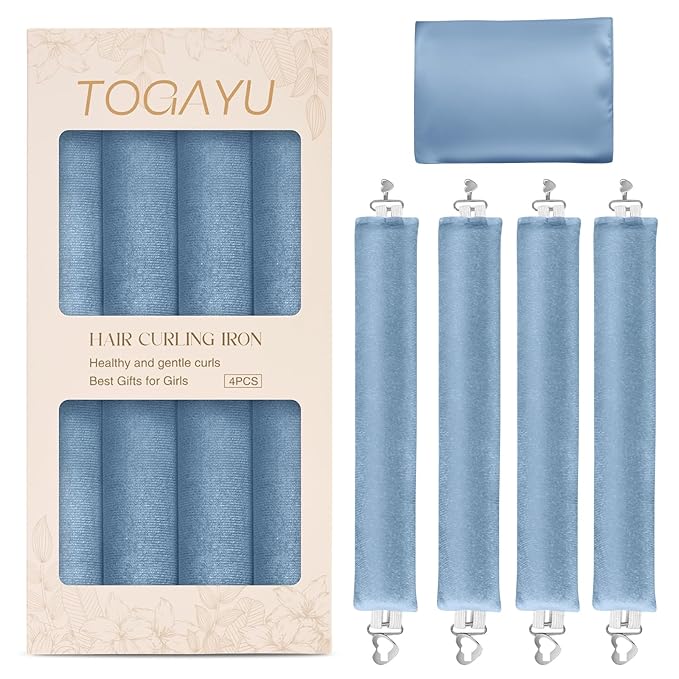 Heatless Curls Overnight Set - Jumbo Overnight Hair Curlers to Sleep In, Soft Velvet Hair Rollers for Women, No Damage Curls Styling Tools (4pcs Blue）