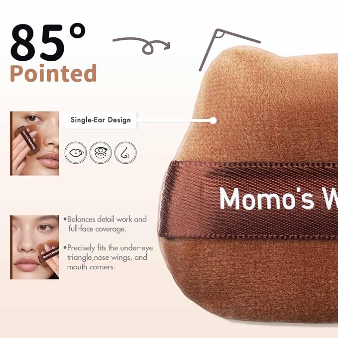 3-Pack Short Velour Powder Puffs with 85° Pointed Tip, for Precise Highlighting & All-Over Powder Setting, Dual-Sided Brown Puff for Cake Powder, Compact Foundation & Blush & Storage Case