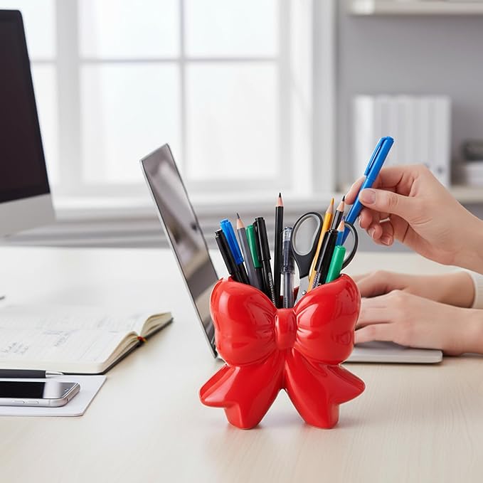 Bow Vase Coquette Ceramic Vase Pen Holder Makeup Brush Holder Contemporary Design Decorative Women Gift for Christmas Home Office Shelf Table Room(Red,Small,Classic)