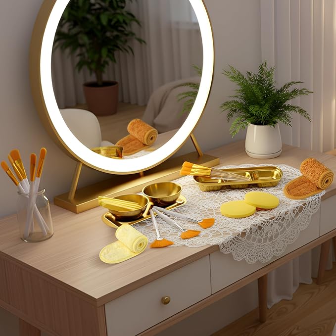 LemonRoad 25 Pcs Esthetician Facial Supplies Set, 3 Stainless Steel Mixing Bowls, 2 Serving Trays, 6 Brushes, 2 Hairbands, 12 Compressed Sponges for Women Facial Mask Spa Home Use(Gold)