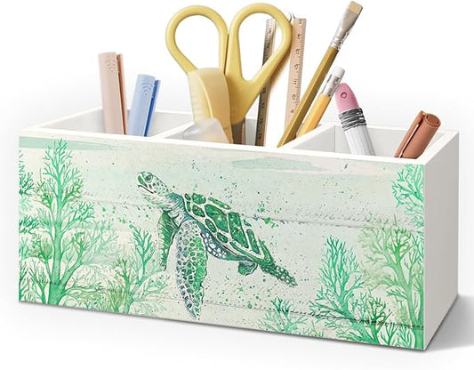 Sea Turtle Coastal Pen Holder for Home Office Desk, Beach Office Decor, Beach Turtle Makeup Brush Toothbrush Holder Organizer for Bathroom Desk Accessories(Green)