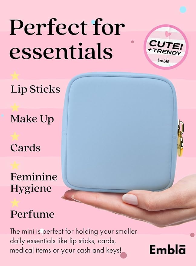 Embla Makeup Bag Travel Cosmetics Pouch and Toiletry Bag, Nylon Zipper Pouch Purse, Cute Make Up Organizer Storage Tote for Women Girls, Waterproof Travel Skincare Case, Small Makeup Bags, Sky Blue