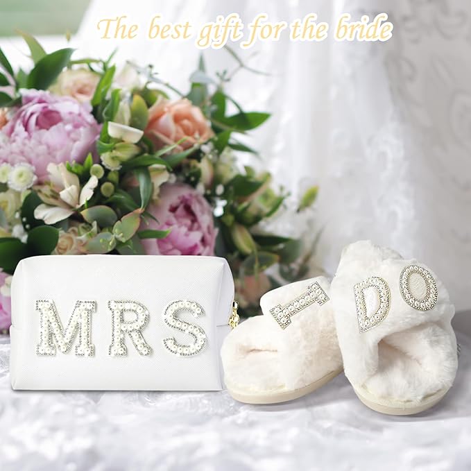 Generic Bride to Be Gift Set, Bridal Shower Gift, MRS Gifts, Bachelorette Gifts for Bride, Bride Slippers I Do Slippers Bride Makeup Bag MRS Makeup Bag Bride Cosmetic Bag Bride MRS Patch, 8.5-9.5