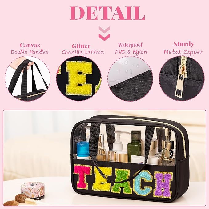 Teacher Appreciation Gifts, Chenille Letter Teacher Tote Bag with Handle and Zipper, Waterproof Nylon Portable Makeup Toiletry Bag