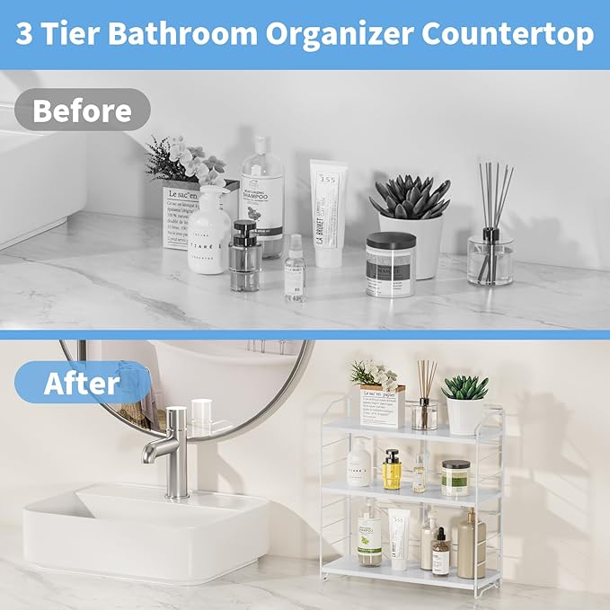 Bathroom Counter Organizer, Makeup Organizer Countertop, Countertop Storage Shelf for Bathroom Storage, Vanity, Large Skincare, Perfume, White 3 Tier