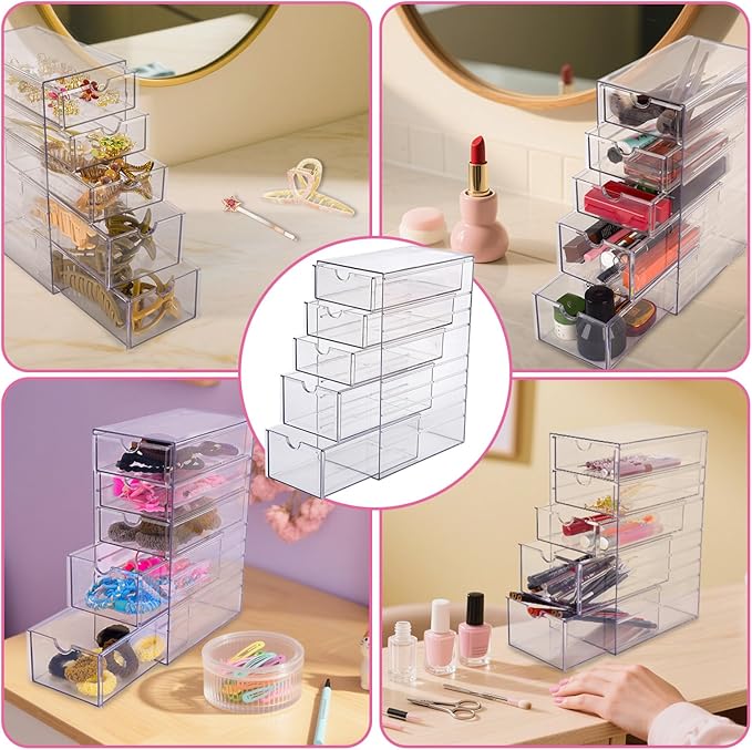 Hair Accessories Organizer, Clear Hair Ties and Pins Organizer Storage Box, Plastic Drawer Storage with 5 Different Sizes Drawers, Hair Accessory Container for Bathroom Closet Desk Office