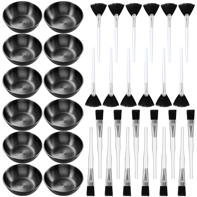 36 Pcs Esthetician Supplies for Facials Set Includes 12 Stainless Steel Facial Bowls 12 Brushes 12 Flat Facial Spatula Mask Cosmetic Applicators for Women Mask Mixing Tools Kit (Black)