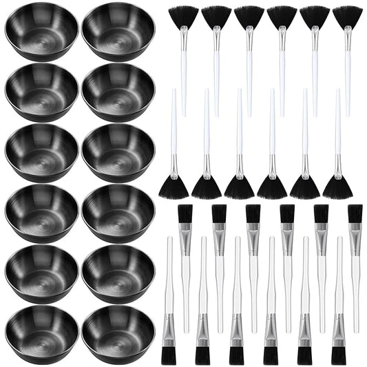 36 Pcs Esthetician Supplies for Facials Set Includes 12 Stainless Steel Facial Bowls 12 Brushes 12 Flat Facial Spatula Mask Cosmetic Applicators for Women Mask Mixing Tools Kit (Black)