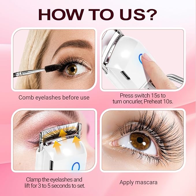 Heated Eyelash Curler Electric Eyelash Curlers 8s Fast Heating Lash Curler Safe Anti-Burn Lash Curler Intelligent Temp Control rizador de pestañas for 24H Long Lasting Curls (White)