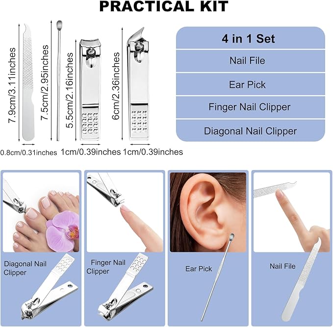 200 Sets Finger Nail Clipper Set Bulk,4 in 1 Adult Stainless Steel Travel Manicure Kit with Case Individually Wrapped Nail Clippers Bulk for Homeless,Hotel,Charity(2 Colors)