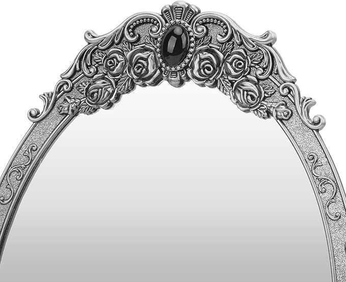 Cyrank Vintage Makeup Mirror, Oval Floral Mirror Decorative Tabletop Makeup Metal Vintage Cosmetic for Home Decorative(Antique Pewter)