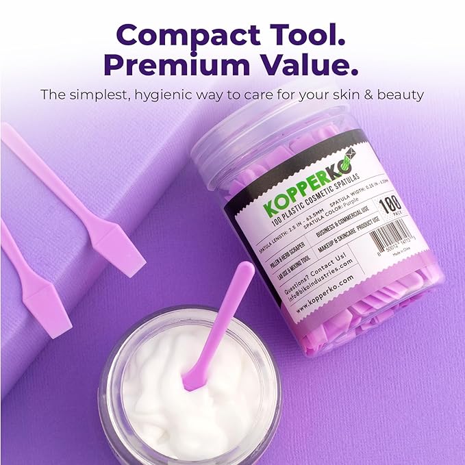 Mini Face Spatula (2.5", 100 Pack) - Small Foundation Spatula for Skincare, Creams, & Crafts | Plastic Face Lotion Applicator Tool for Mixing, Cosmetic, Face Mask | Purple