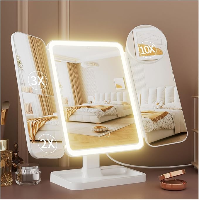 Makeup Mirror with Lights, Rechargeable Lighted Vanity Mirror with 70 Led Lights and 2X 3X 10X Magnification, 3 Color& Adjustable Brightness, Portable Mirror for Travel Desk, Gifts for Women Girls