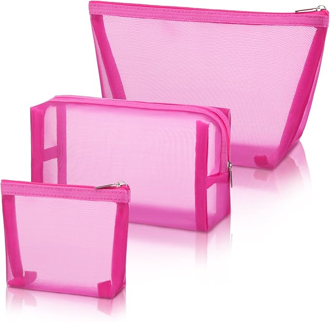 Boao 3 Piece Mesh Cosmetic Bag Mesh Makeup Bag with Zipper Pouch Travel Toiletry for Makeup Organizer Home Office Travel Accessories(Rose Red)