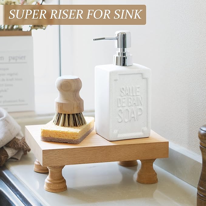 EOSAHR Modern Farmhouse Wood Riser for Display : Decorative Pedestal Stand for Home & Kitchen Decor and Retro Soap Stand for Sink - Rustic Bathroom Counter Tray and Countertop Organizer (Light Brown)